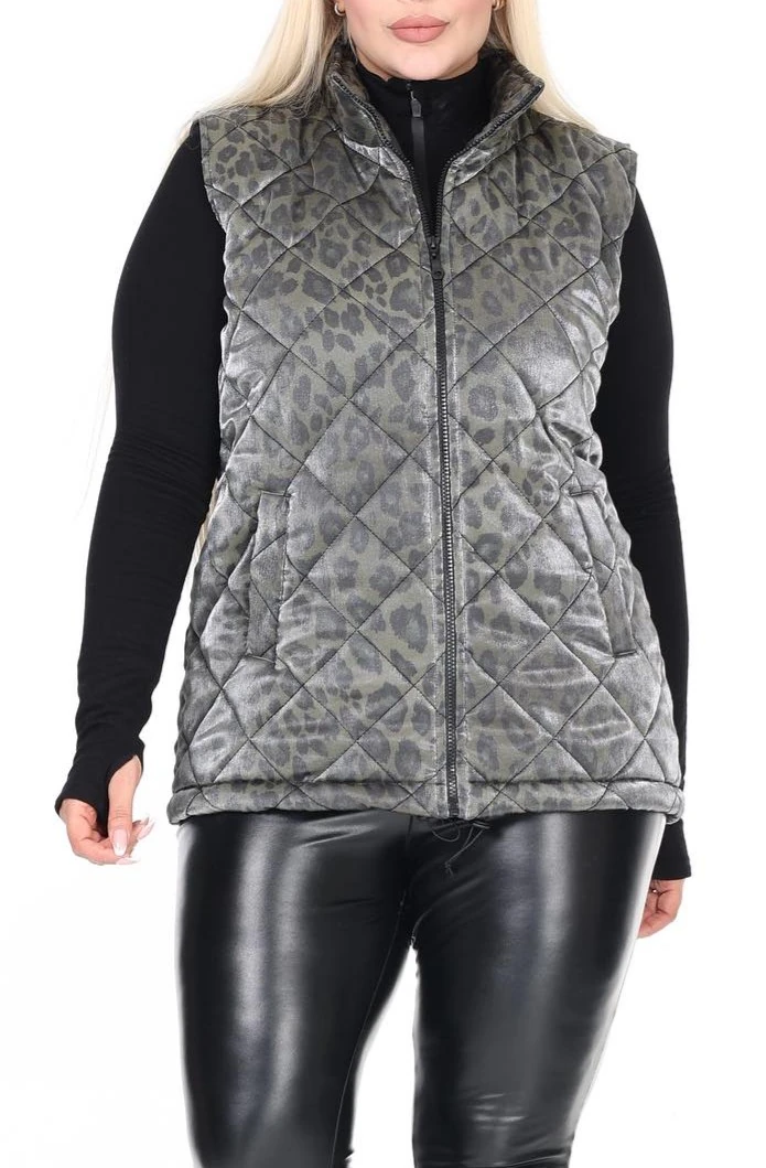 Şişme Yelek Kapitone Beli Lastikli Dik Yaka Çift Cepli Leopar Desenli 