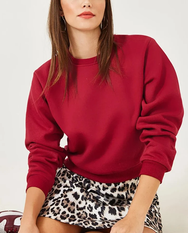 Basic Crop Sweatshirt Bisiklet Yaka 3 İp Şardonlu 