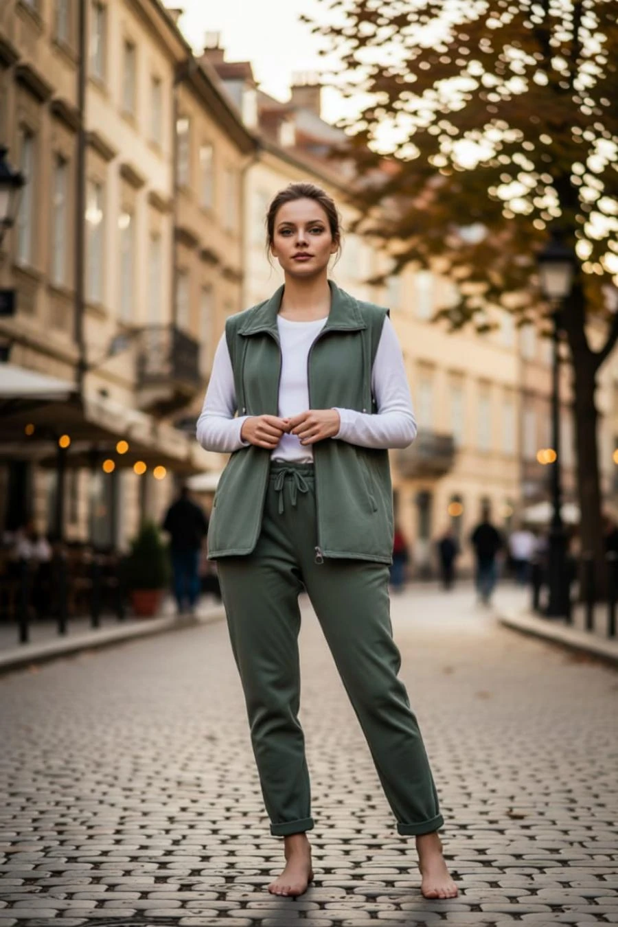 Yaka İp Detaylı Çift Cepli Fermuarlı Uzun Pamuk Yelek 