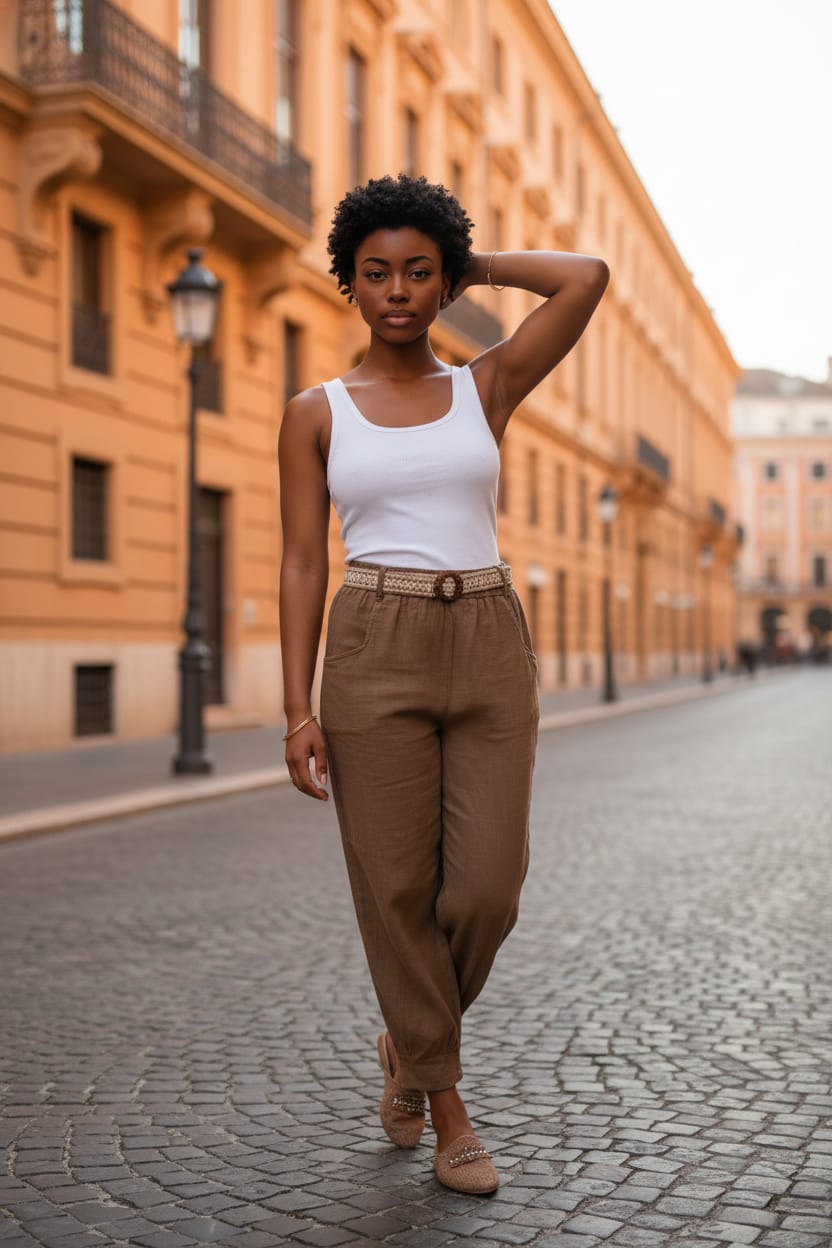 Beli Lastikli Kemerli Paça Pens Detaylı Cepli %100 Pamuk Pantolon