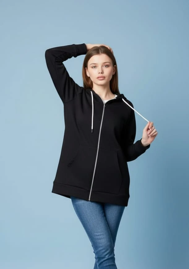 Oversize Sweatshirt Kapüşonlu Kanguru Cepli Fermuarlı Yırtmaç Detaylı %100 Pamuk 