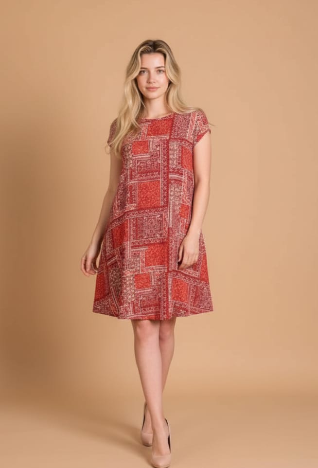 Büyük Beden Yuvarlak Yaka Etnik Desen Elbise