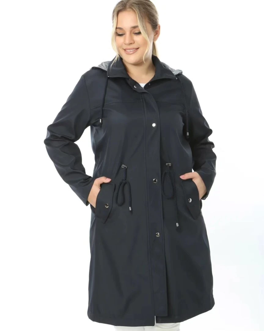 Büyük Beden Astarlı Kapüşonlu Uzun Trençkot