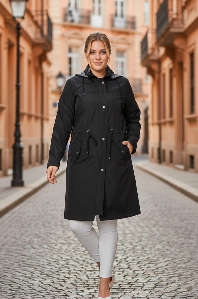Büyük Beden Astarlı Kapüşonlu Uzun Trençkot