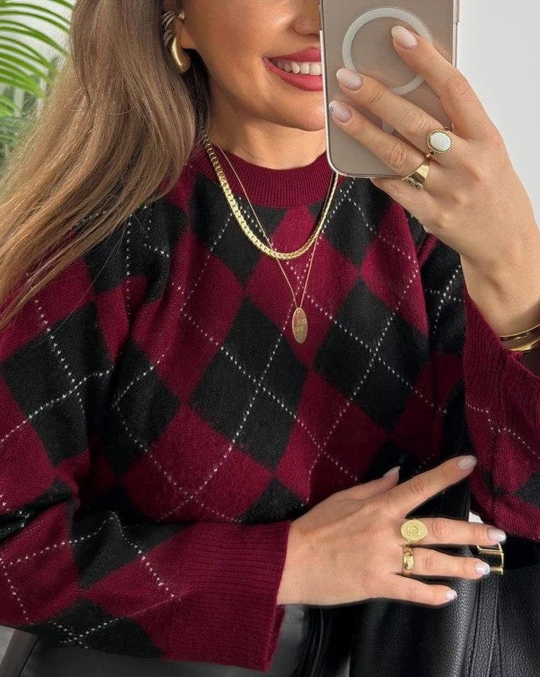 Baklava Desen Bisiklet Yaka Yumuşak Dokulu Kazak