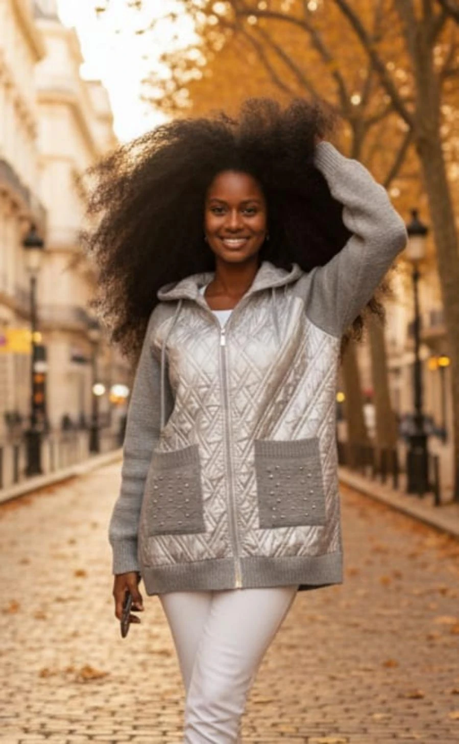 Kapüşonlu Cepli Taş Detay Kapitoneli Triko Hırka