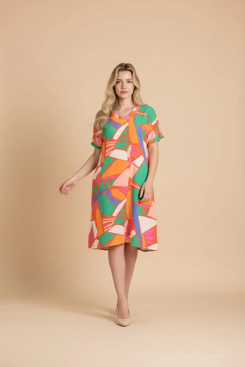 Büyük Beden Geometrik Desen V Yaka Elbise %95 Pamuk