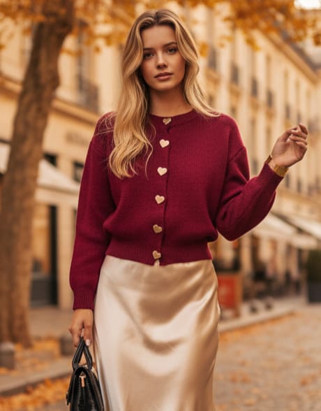 Triko Hırka Kalp Düğme Detay