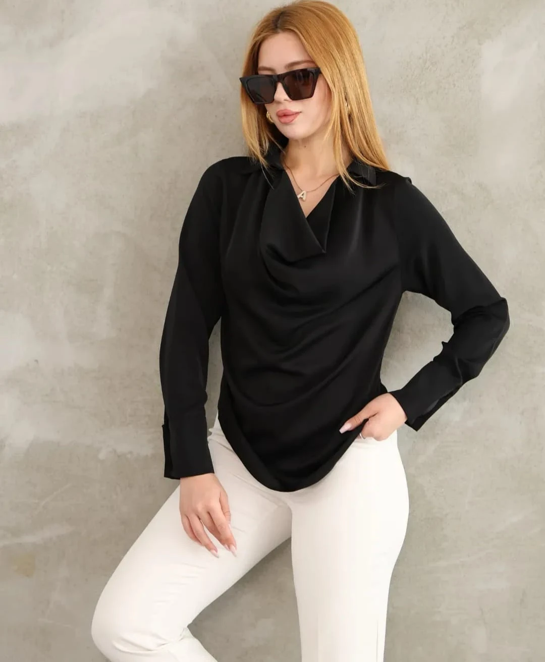 Saten Gömlek Bluz Degaje Yaka Uzun Kol Premium Kumaş