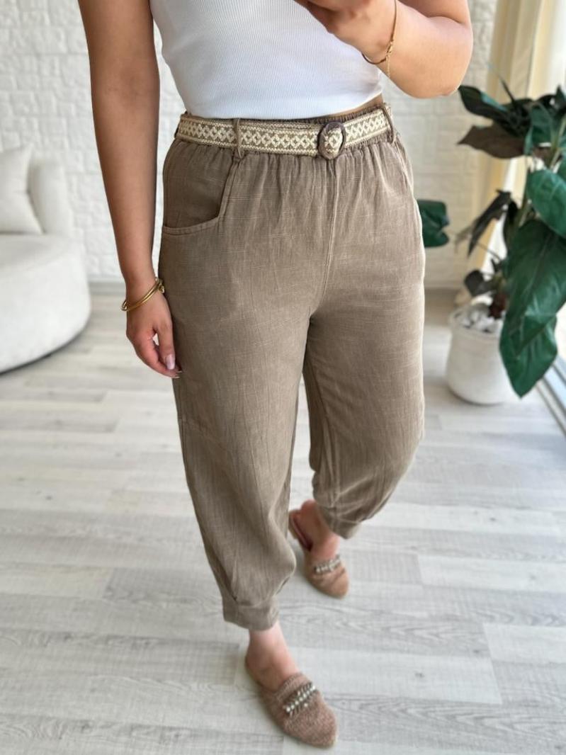 Beli Lastikli Kemerli Paça Pens Detaylı Cepli %100 Pamuk Pantolon