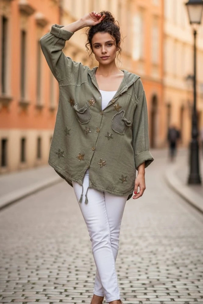 Keten Gömlek Hırka Kapüşonlu Yıldız Desenli %100 Pamuk