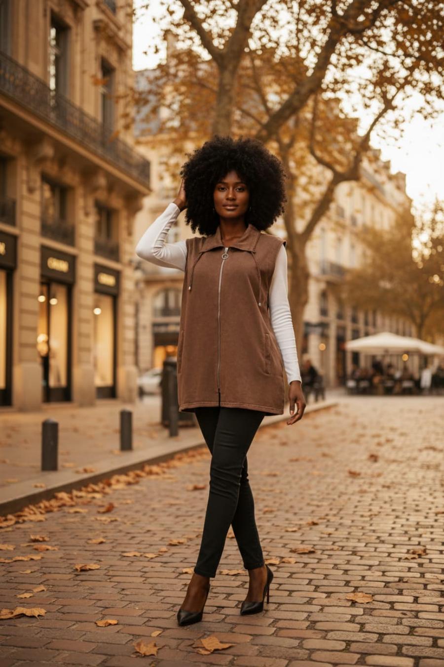 Kadın Büyük Beden Yaka İp Detaylı Çift Cepli Fermuarlı Uzun Pamuk Yelek