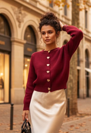 Triko Hırka Kalp Düğme Detay