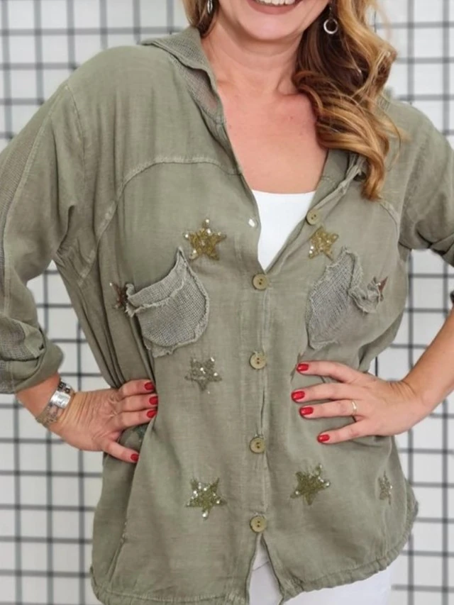 Keten Gömlek Hırka Kapüşonlu Yıldız Desenli %100 Pamuk