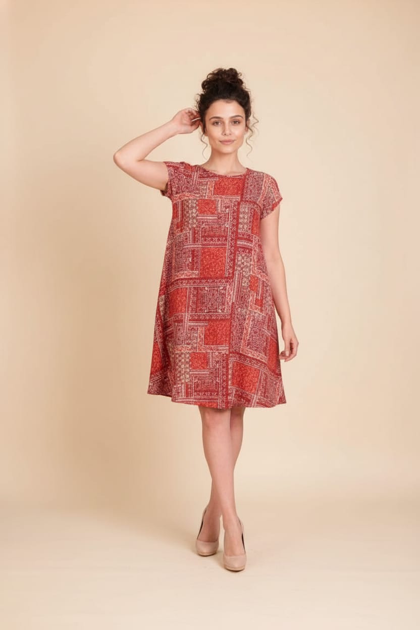 Büyük Beden Yuvarlak Yaka Etnik Desen Elbise