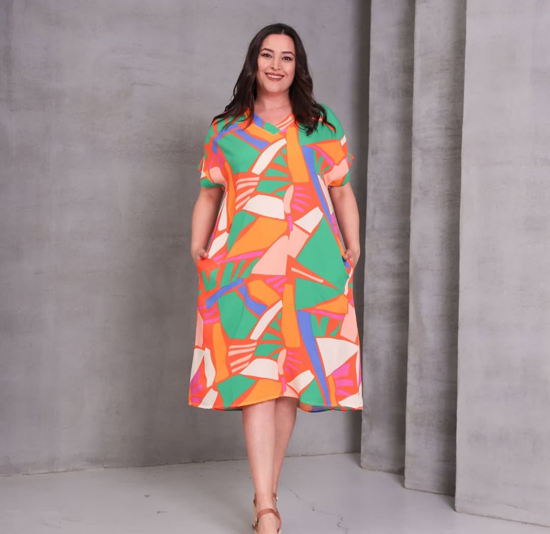 Büyük Beden Geometrik Desen V Yaka Elbise %95 Pamuk