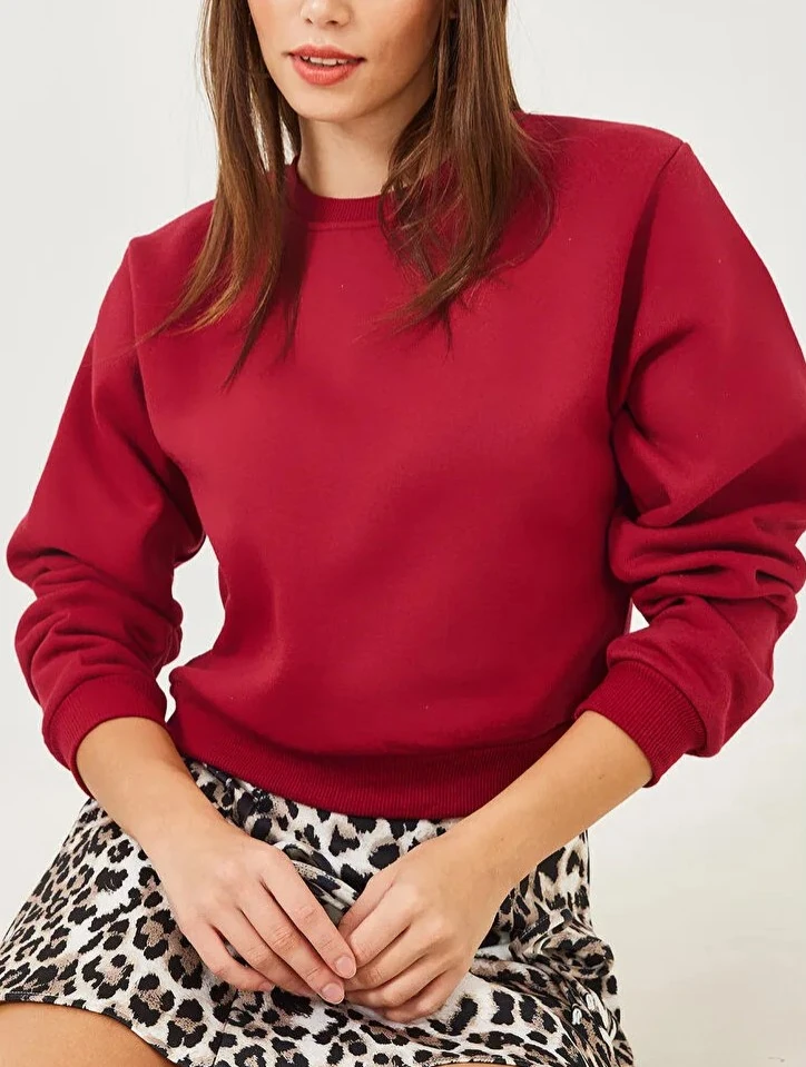 Basic Crop Sweatshirt Bisiklet Yaka 3 İp Şardonlu 