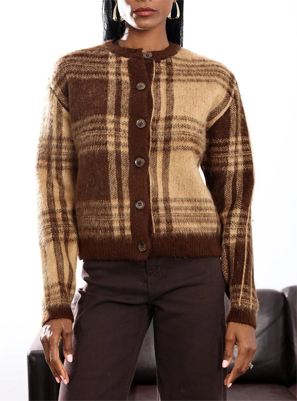 Bisiklet Yaka Düğmeli Şardonlu Karel Desenli Yünlü Hırka