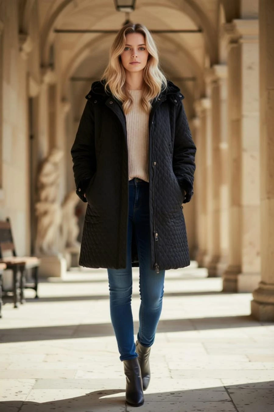 İçi Polar Cepli Çıkarılabilir Kapüşonlu Kapitone Kaban Mont (Dar Kalıptır)