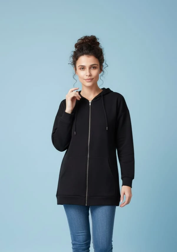 Oversize Sweatshirt Kapüşonlu Kanguru Cepli Fermuarlı Yırtmaç Detaylı %100 Pamuk 