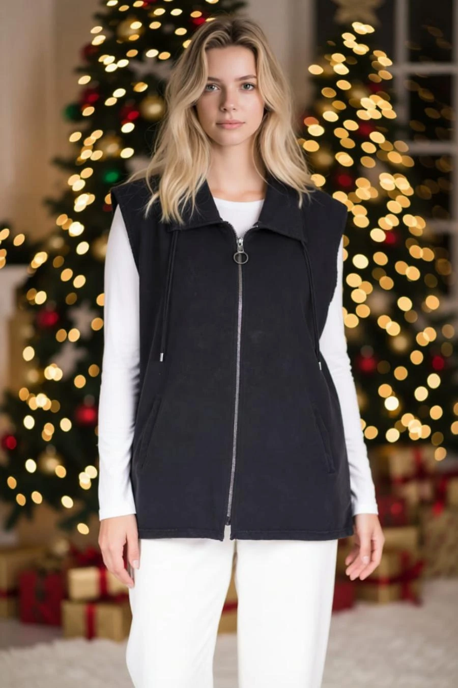 Yaka İp Detaylı Çift Cepli Fermuarlı Uzun Pamuk Yelek 