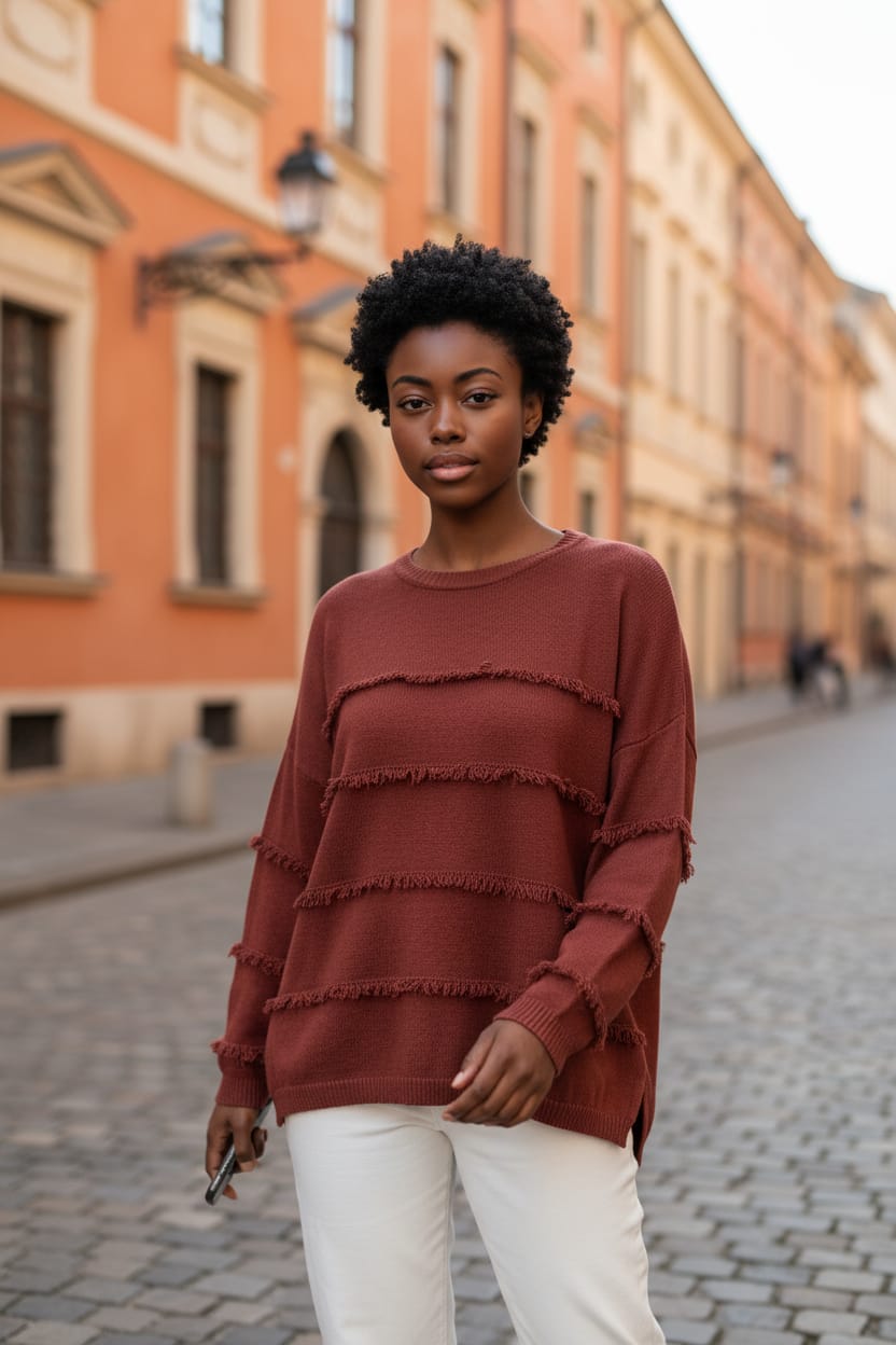 Bisiklet Yaka Püskül Detay %100 Pamuk Triko Kazak 