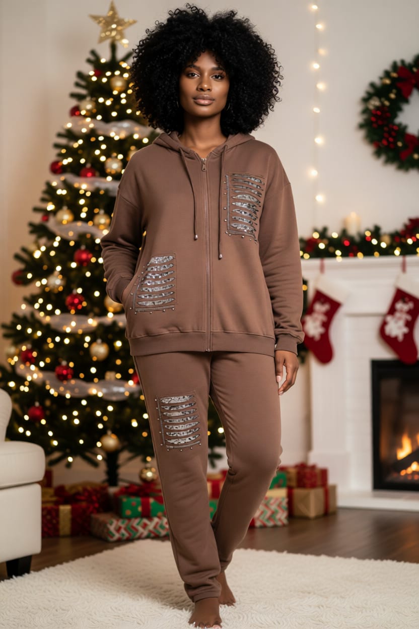 Kapüşonlu Pul Payet Taş İşlemeli Lazer Kesim Cepli Fermuarlı Pamuk Eşofman Takımı 