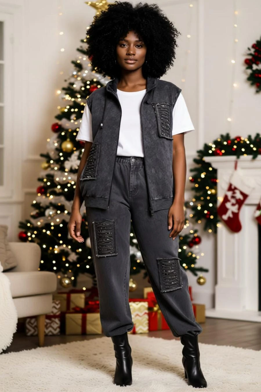 Kapüşonlu Pul Payet Taş İşlemeli Lazer Kesim Fermuarlı Cepli %100 Organik Pamuk Yelek