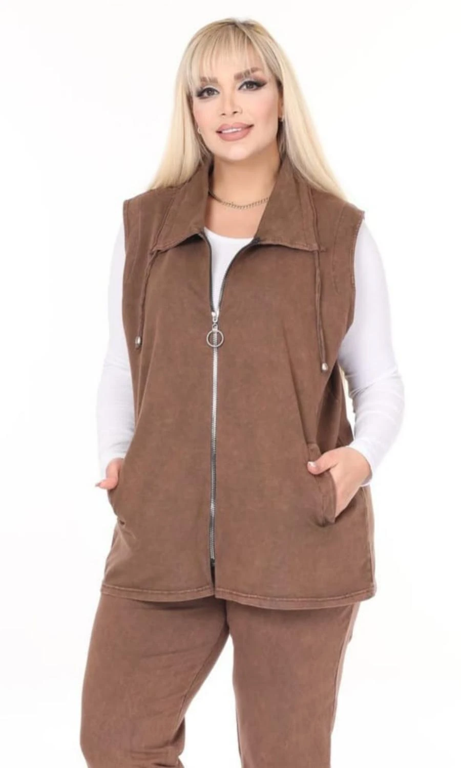 Kadın Büyük Beden Yaka İp Detaylı Çift Cepli Fermuarlı Uzun Pamuk Yelek