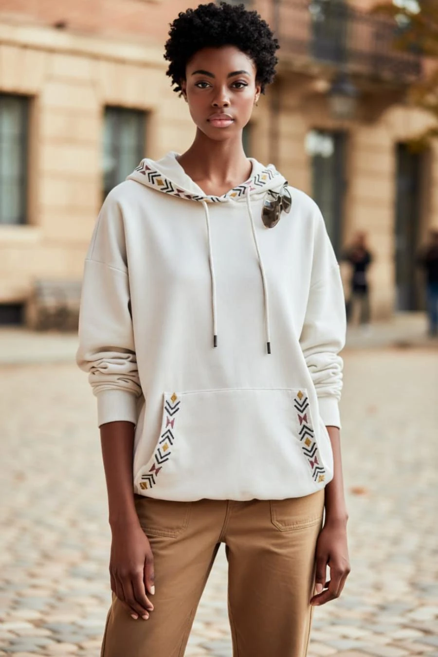  Etnik Nakış Detaylı Kanguru Cepli Kapüşonlu Oversize %100 Pamuk Sweatshirt