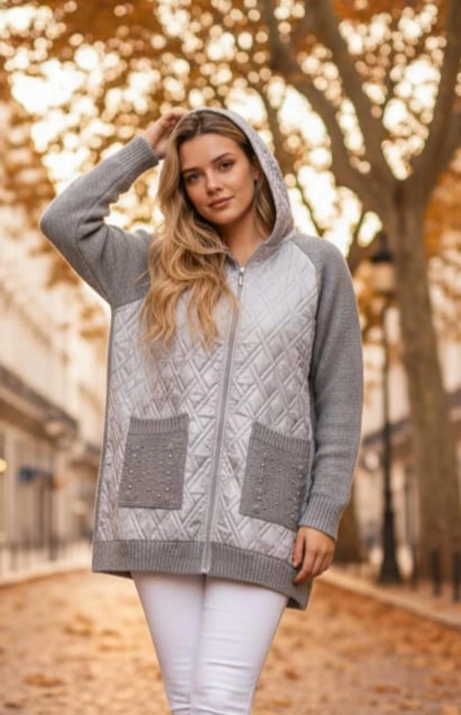 Kapüşonlu Cepli Taş Detay Kapitoneli Triko Hırka