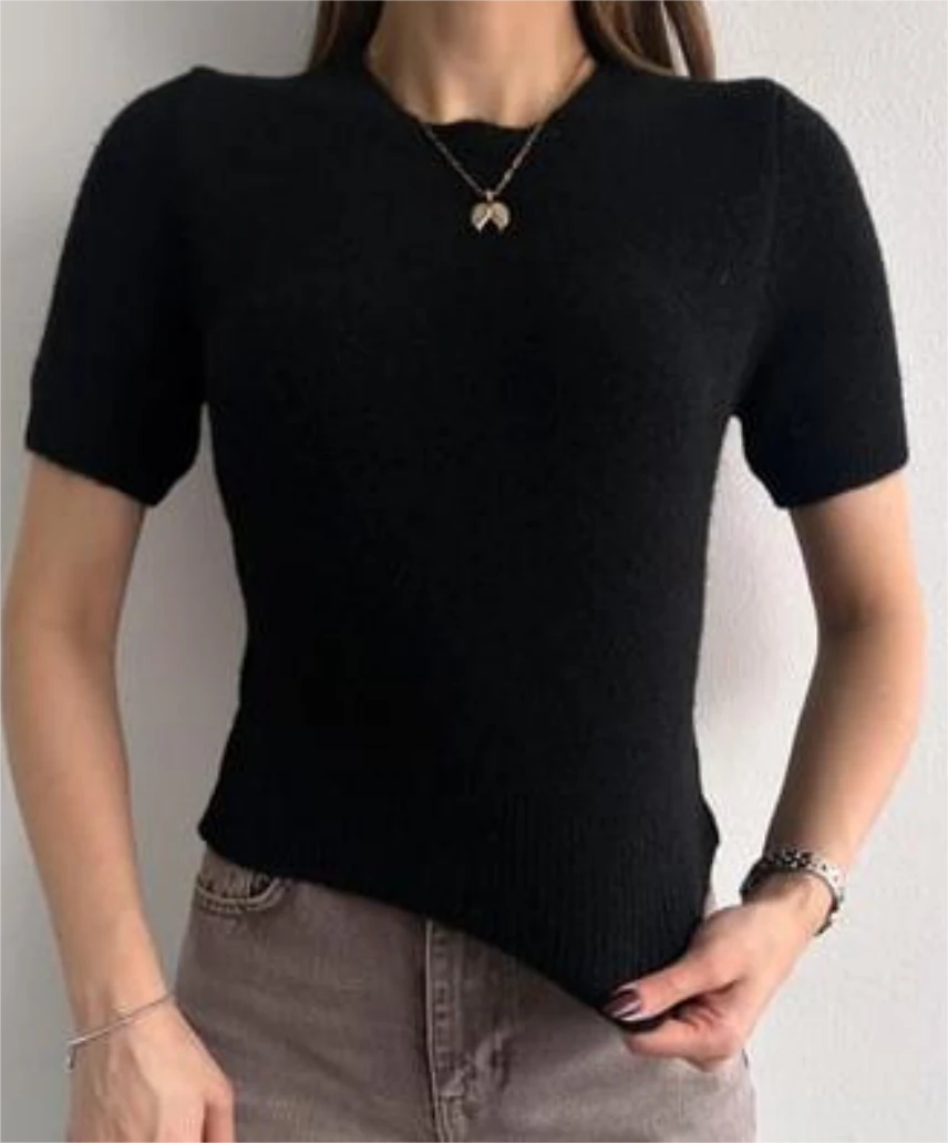 Bisiklet Yaka Yumuşak Dokulu Kısa Kollu Şardonlu Yünlü Triko Kazak