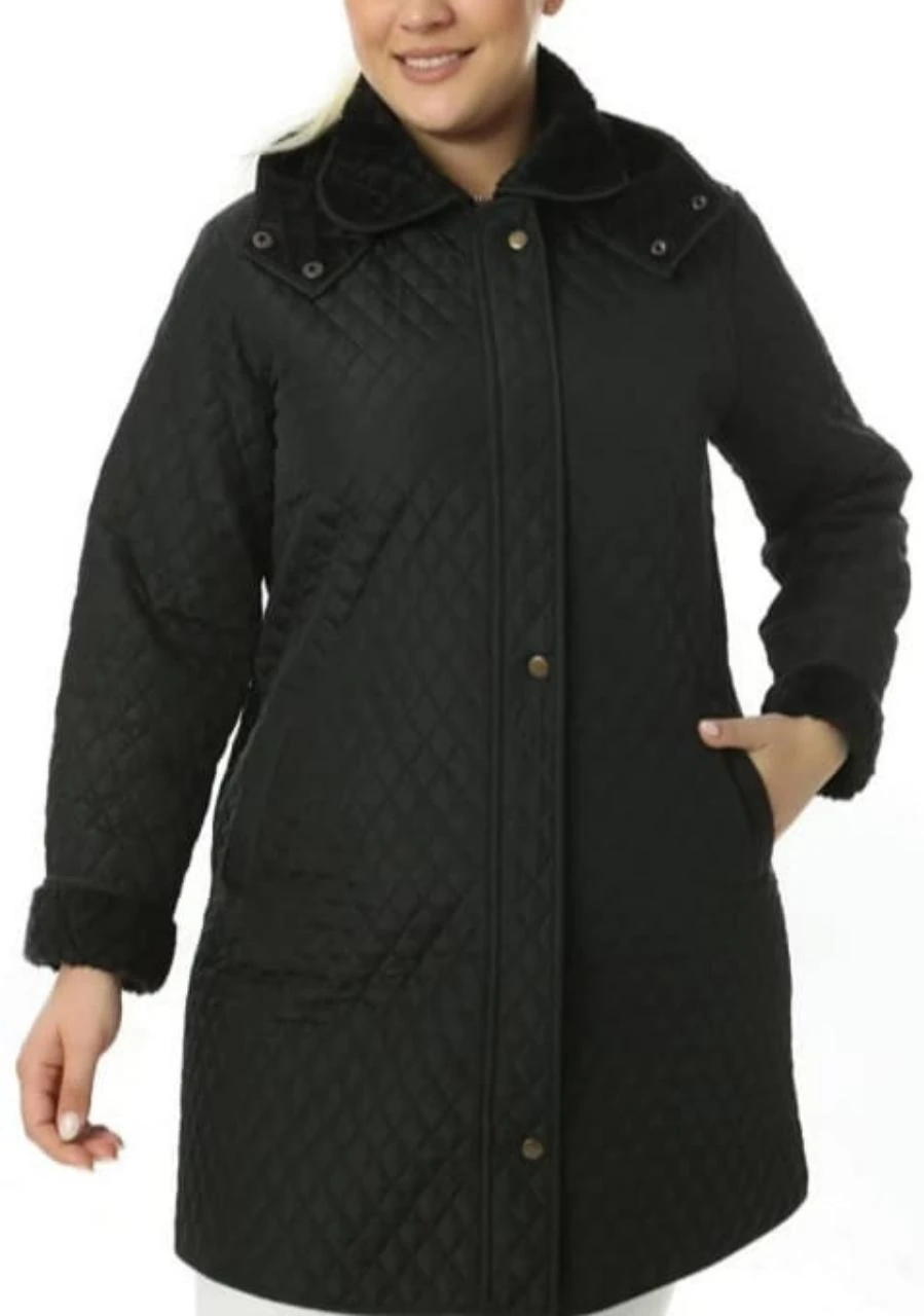 İçi Polar Cepli Çıkarılabilir Kapüşonlu Kapitone Kaban Mont (Dar Kalıptır)