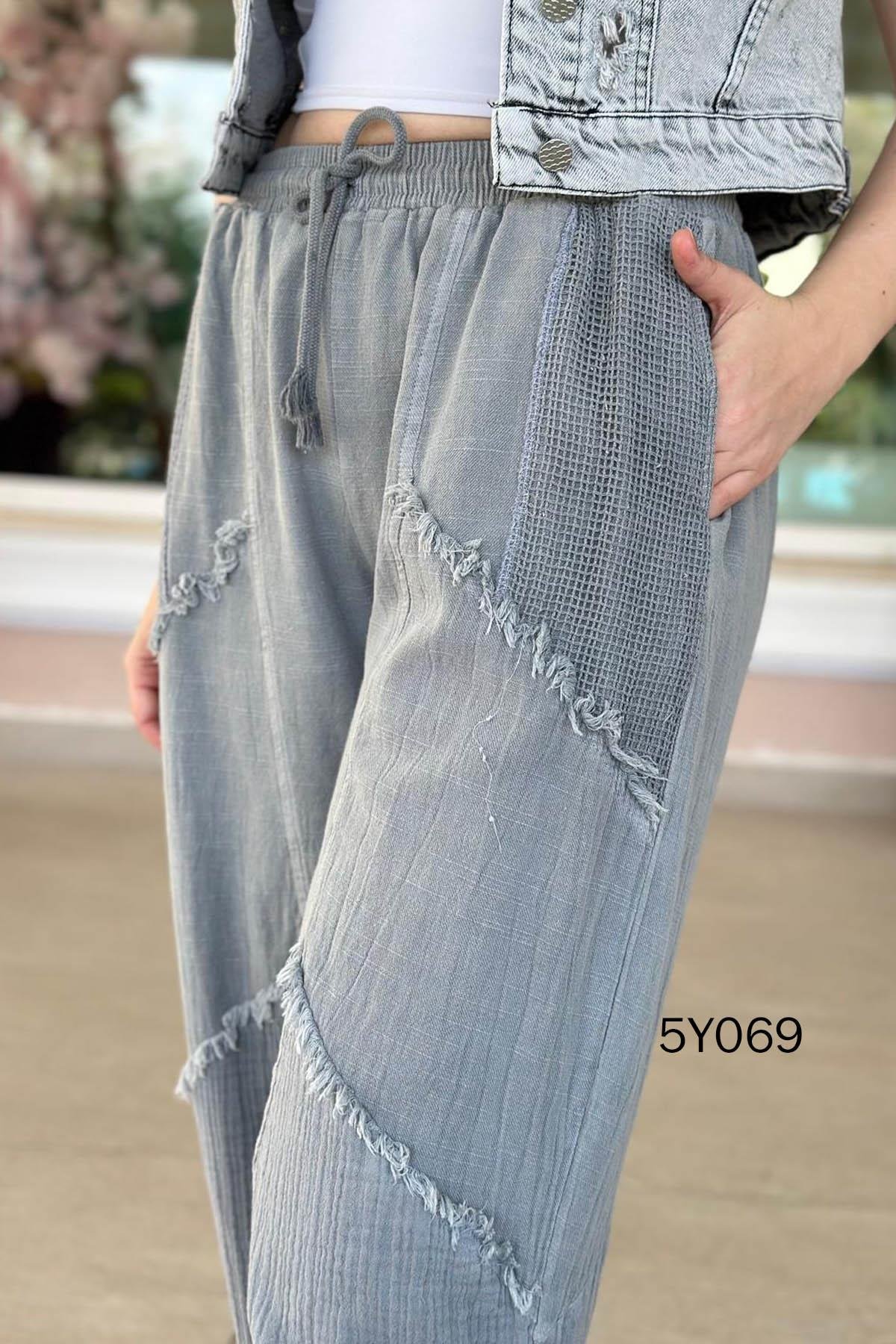 Keten Görünümlü Fileli Cep Dikiş Detay İtalyan Tasarım Pantolon %100 Pamuk