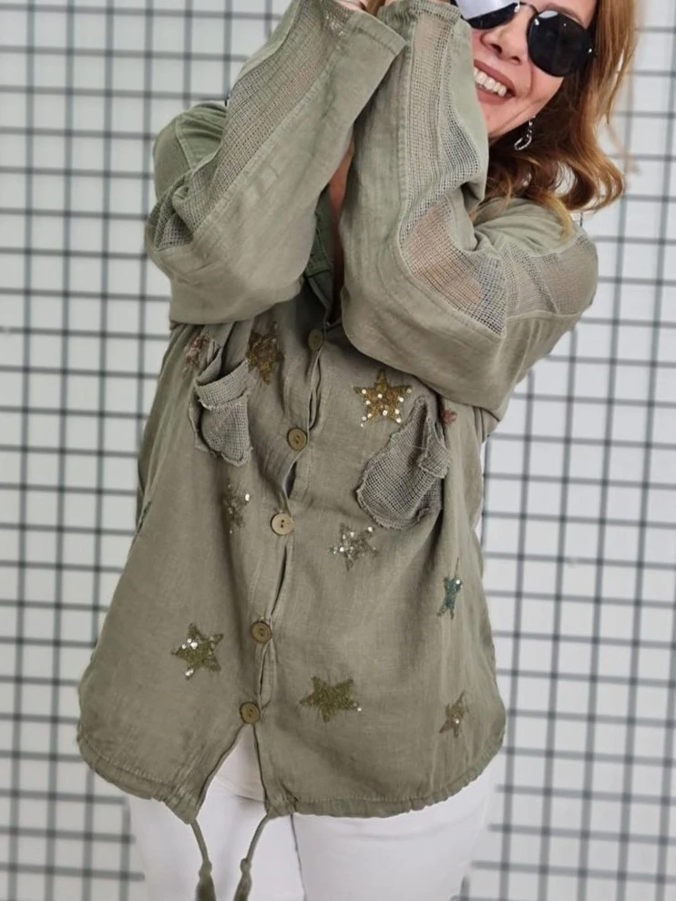 Keten Gömlek Hırka Kapüşonlu Yıldız Desenli %100 Pamuk