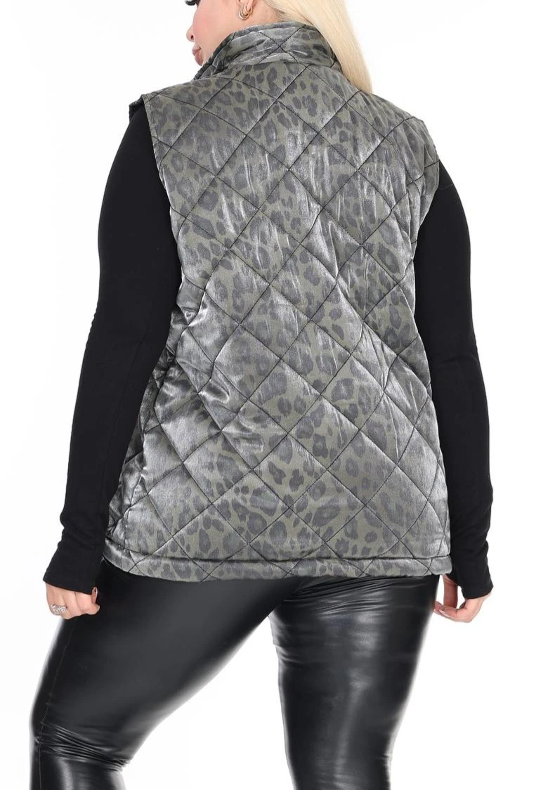 Şişme Yelek Kapitone Beli Lastikli Dik Yaka Çift Cepli Leopar Desenli 