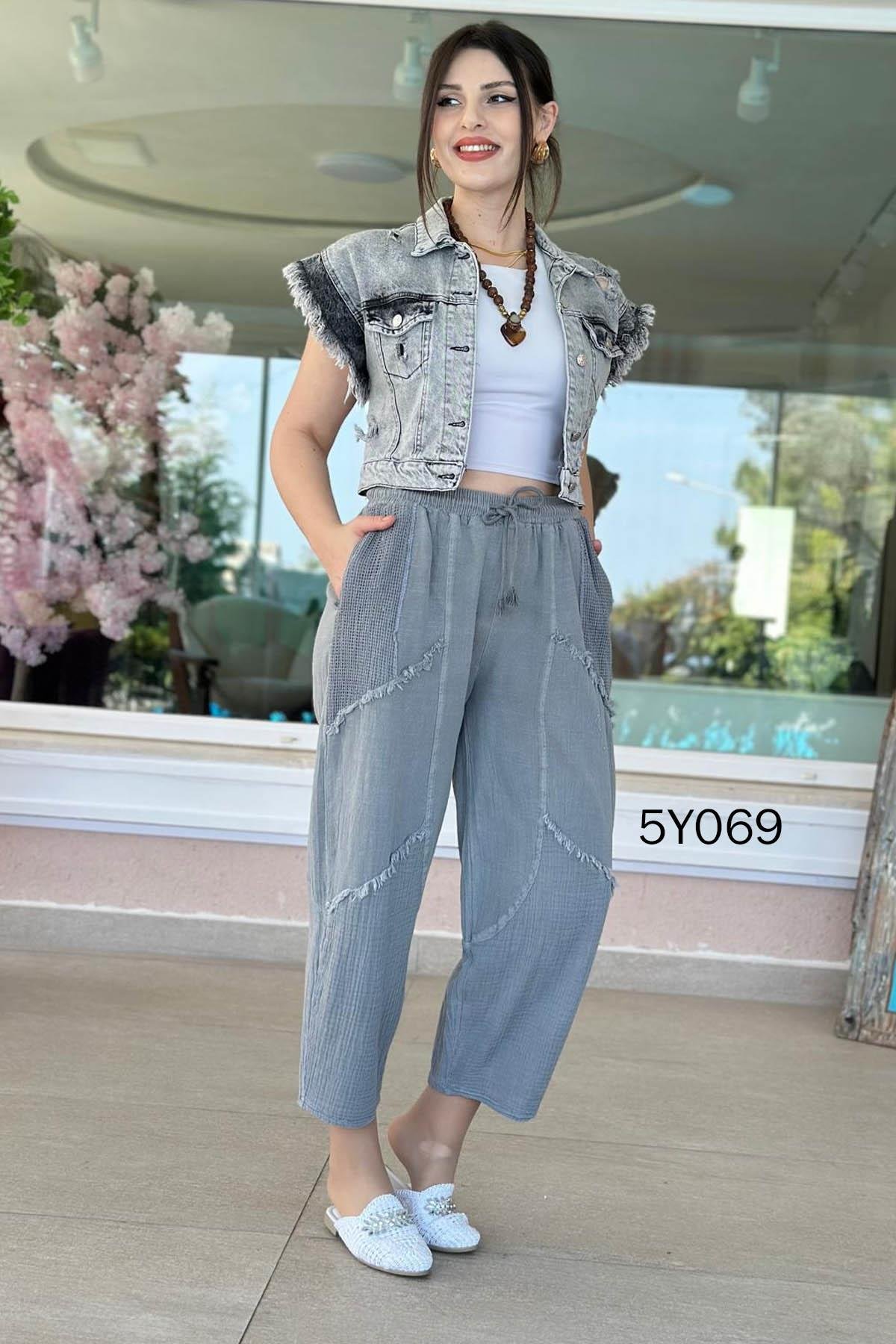 Keten Görünümlü Fileli Cep Dikiş Detay İtalyan Tasarım Pantolon %100 Pamuk