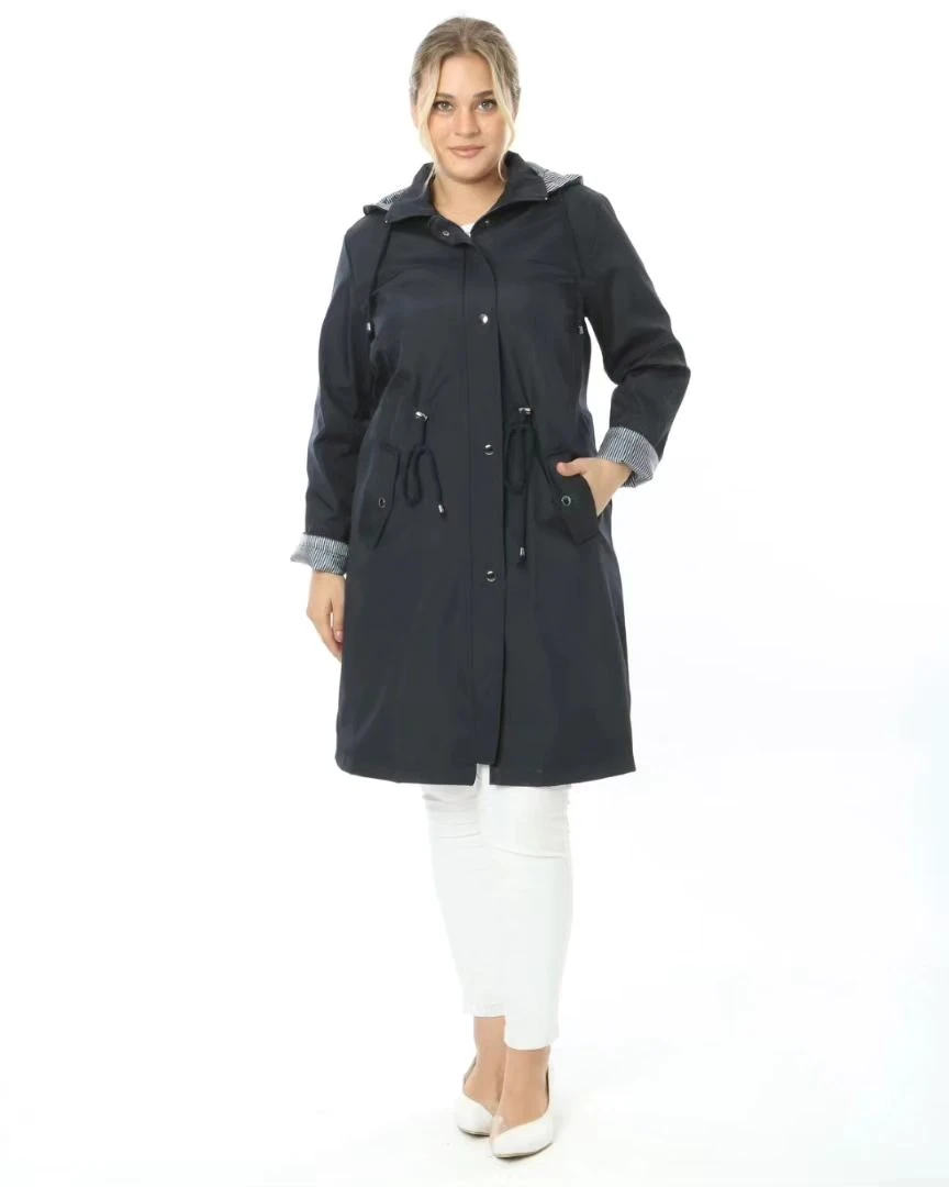 Büyük Beden Astarlı Kapüşonlu Uzun Trençkot