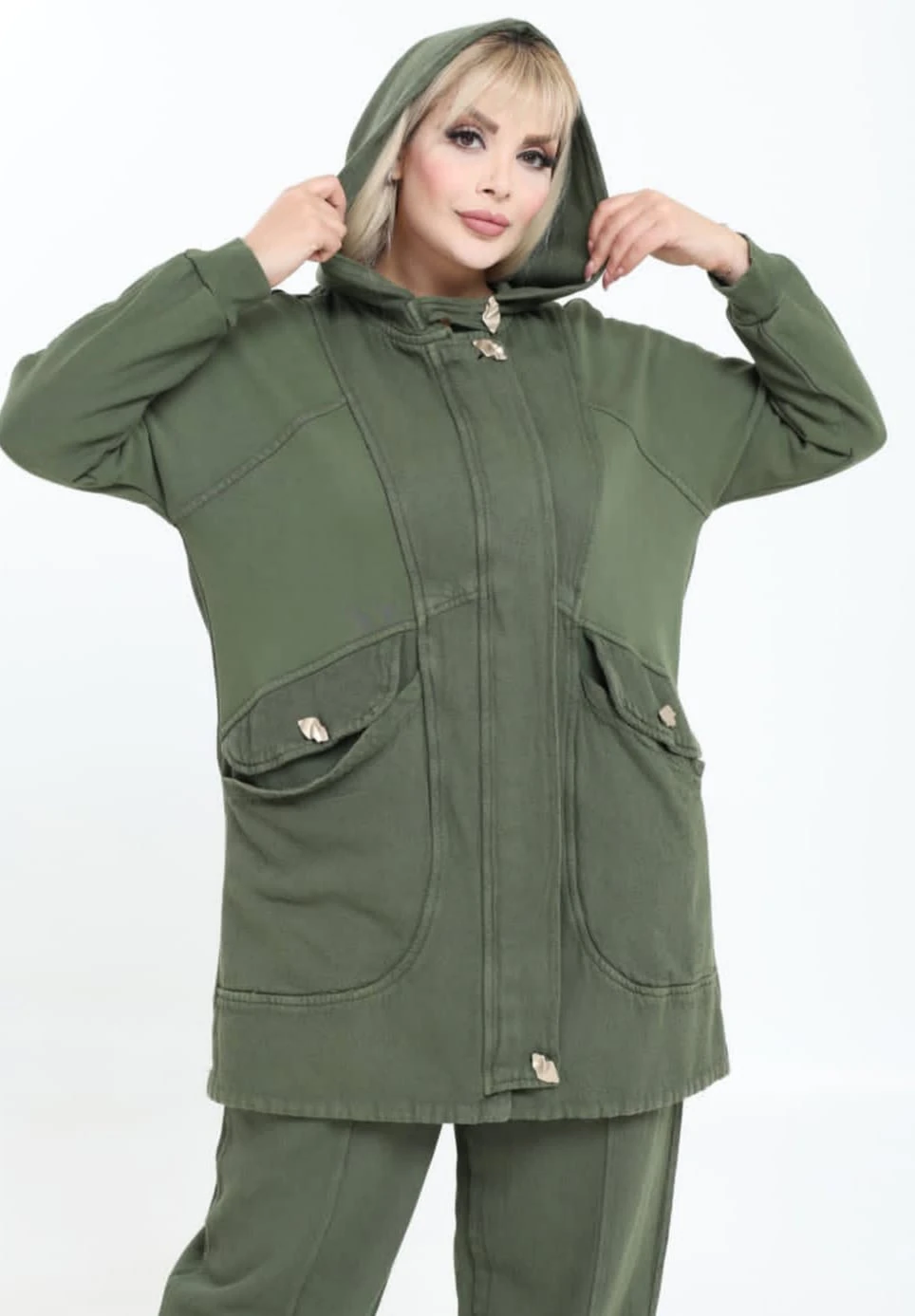 Kapüşonlu Düğme Detaylı Kapaklı Torba Cep  %100 Pamuk Uzun Gabardin Kap Ceket