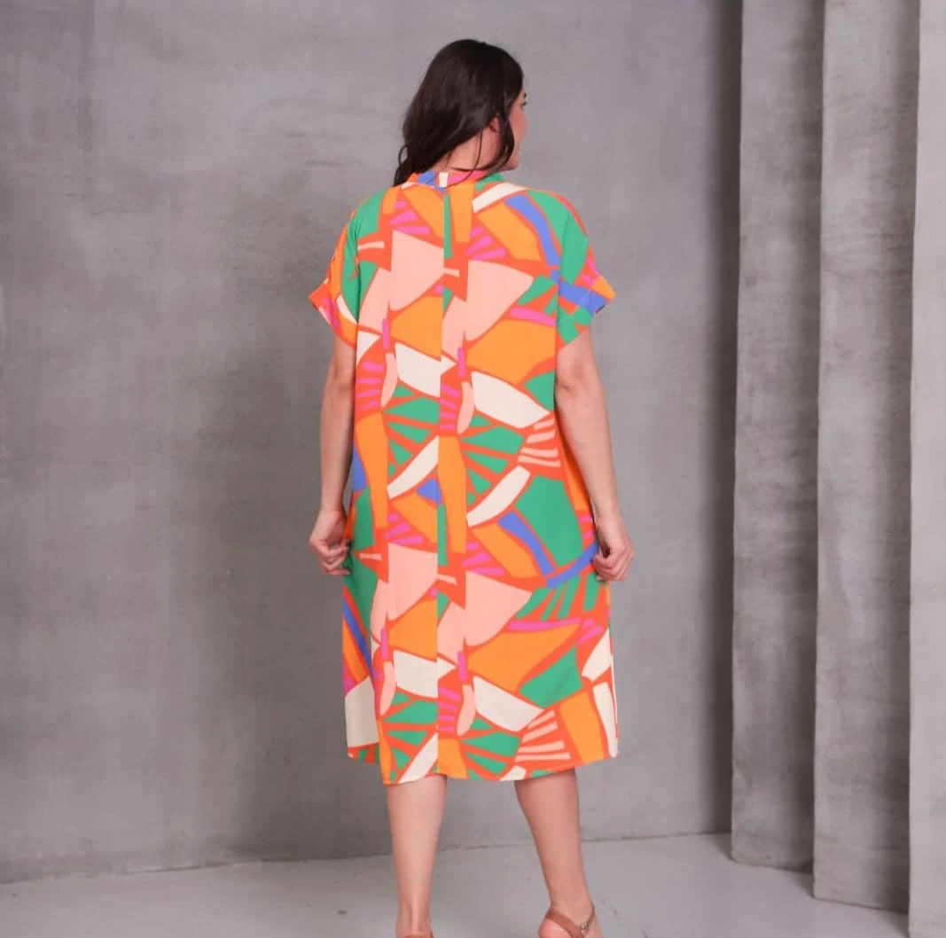 Büyük Beden Geometrik Desen V Yaka Elbise %95 Pamuk