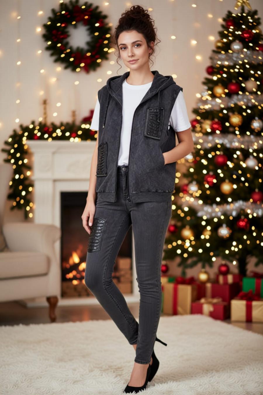 Kapüşonlu Pul Payet Taş İşlemeli Lazer Kesim Fermuarlı Cepli %100 Organik Pamuk Yelek