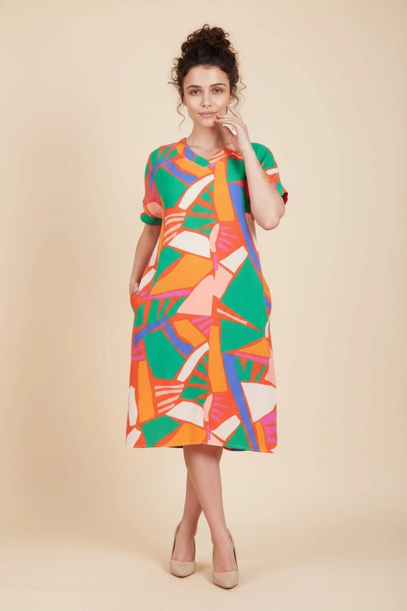 Büyük Beden Geometrik Desen V Yaka Elbise %95 Pamuk