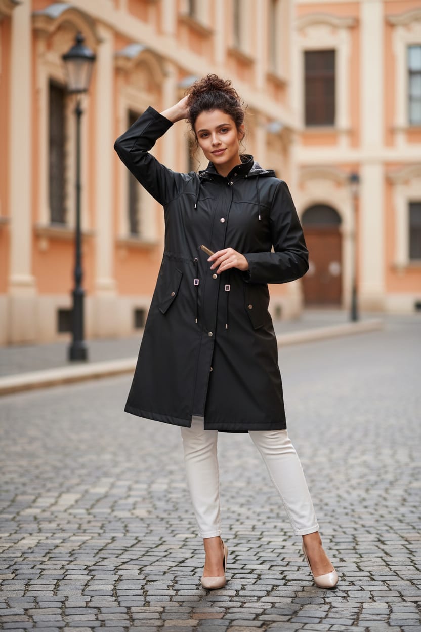 Büyük Beden Astarlı Kapüşonlu Uzun Trençkot