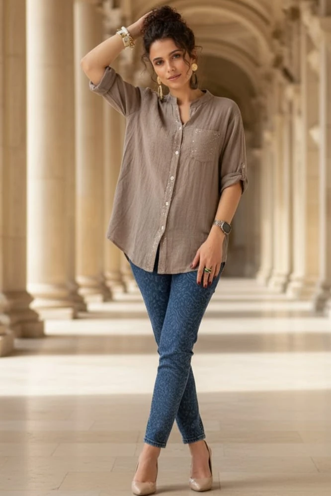 Oversize Keten Gömlek Hakim Yaka Cep Pul Detay Patlı Kol %100 Pamuk