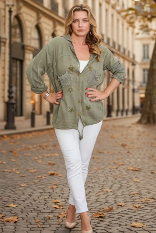 Keten Gömlek Hırka Kapüşonlu Yıldız Desenli %100 Pamuk