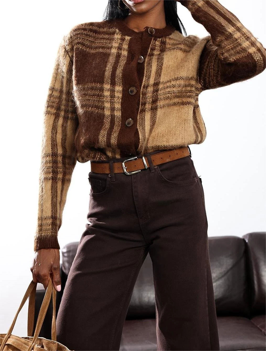 Bisiklet Yaka Düğmeli Şardonlu Karel Desenli Yünlü Hırka