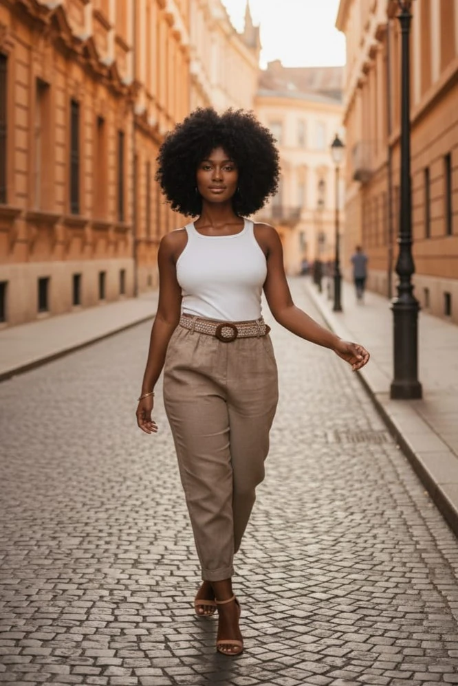 Beli Lastikli Kemerli Paça Pens Detaylı Cepli %100 Pamuk Pantolon