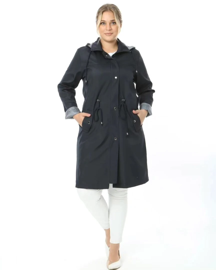 Büyük Beden Astarlı Kapüşonlu Uzun Trençkot