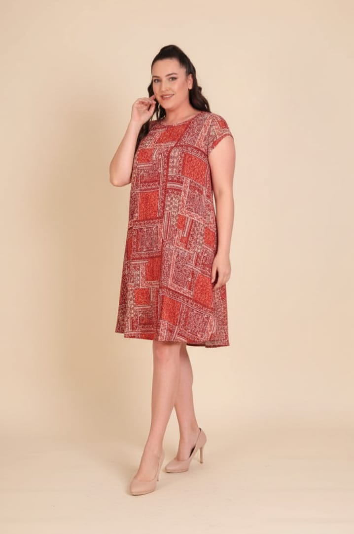 Büyük Beden Yuvarlak Yaka Etnik Desen Elbise