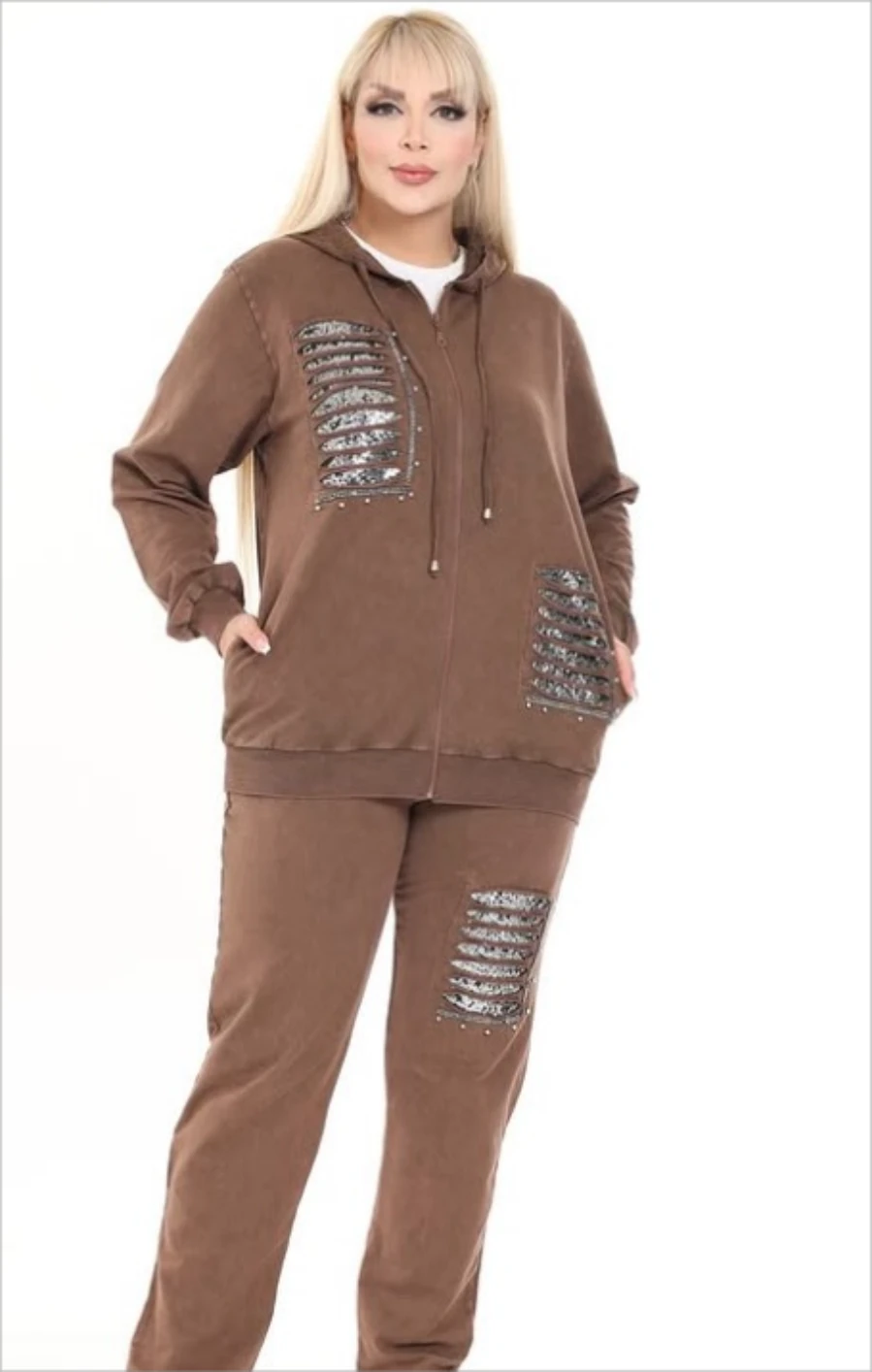 Kapüşonlu Pul Payet Taş İşlemeli Lazer Kesim Cepli Fermuarlı Pamuk Eşofman Takımı 